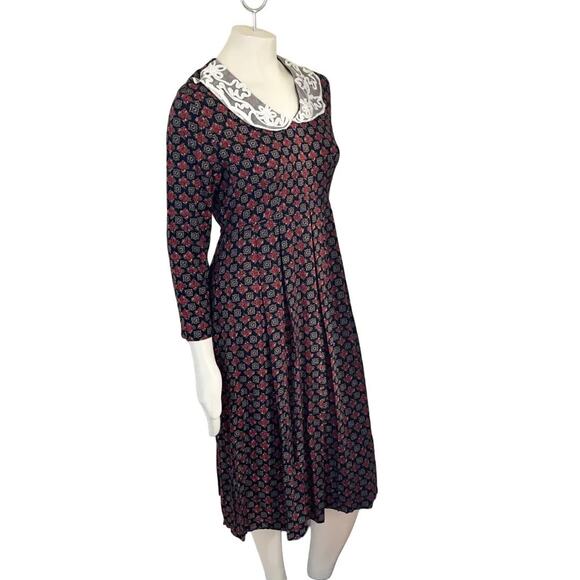 VTG 80s EXPO Lace Collar Moody Floral Long Sleeve Tie Back Midi Dress SZ 6P - Picture 4 of 10
